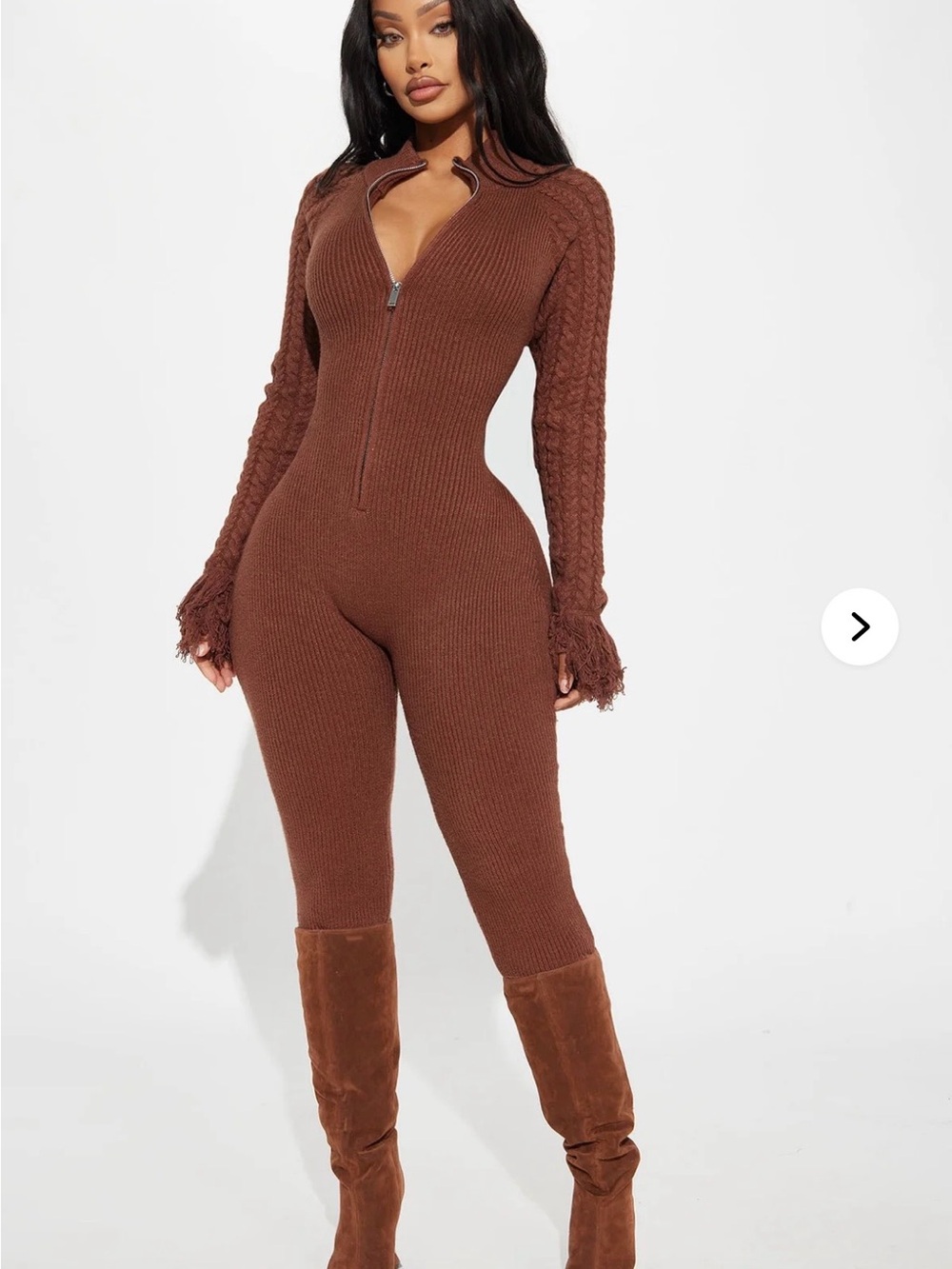 Fashion Nova Chocolate Brown Ribbed Zip-Front Jumpsuit